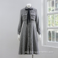 Women Casual Black-and-white Checked Long-sleeved Dress